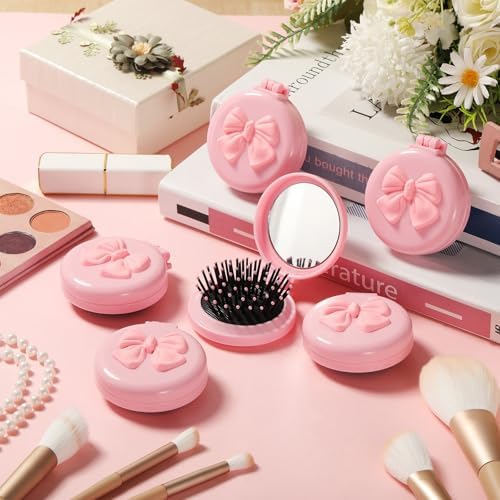 12 Pcs Pink Coquette Bow Mini Hair Brushes Folding Mirror Coquette Detangler Brush Bulk Round Compact Massage Scalp Comb for Purse Women Travel Team Gifts Trendy Stuff Party Favors - Image 5