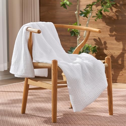 David's Home 100% Cotton Muslin Throw Blanket for College Dorm, 4-Layer Soft Breathable Lightweight Comfy Cozy Throw Guaze for Hot Sleepers, 3D Bubble Room Decor for Bed, Giftable, White, 50"x70" by DavidsHome