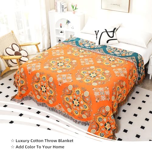 VANJOROY Boho Large Throw Blanket, 100% Organic Cotton Breathable Soft Bed Throw - Floral Farmhouse Decor Blanket for Sofa Couch Chair and Gift. 91" x 98"- Orange - Image 4