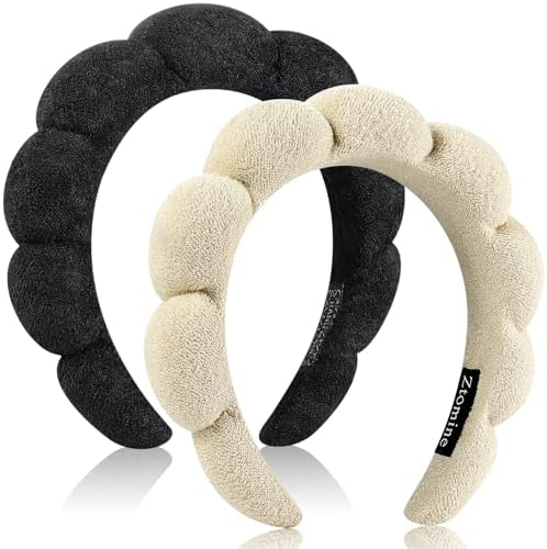 Ztomine Skincare Headband, Set of 2 - Terry Cloth Face Wash Headband Combo Pack - Puffy Makeup Headbands for Face Washing, Mask (beige + black) by Ztomine