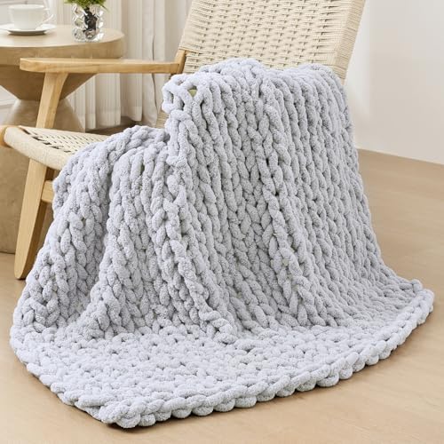 Bigacogo Chunky Knit Throw Blanket for Couch, 40x40 inches, Light Grey by Bigacogo