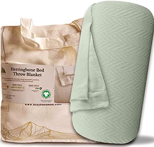 Mayfair Linen Cotton Throw Blankets for Bed Queen Size - Herringbone Pattern Soft Cotton Blanket (1 PC, Sage Green), Breathable, Soft & Cozy Thermal All Season Throw for Bed Couch Chair Outdoors by MayfairLinen
