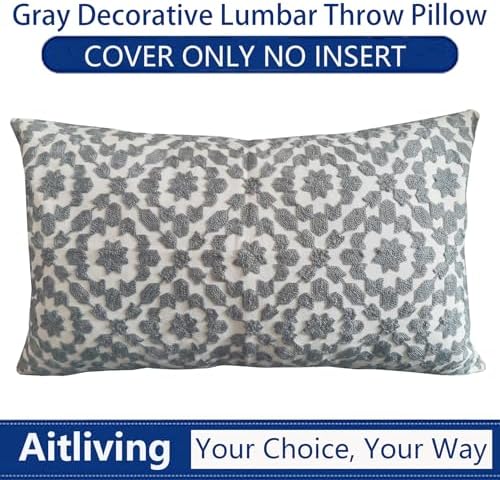 Throw Pillow Covers Decorative Lumbar Pillow Cover Silver 12 X 20 inch Mina Embroidered Trellis Cotton Canvas Bolster Pillowcase Grey 1 PC 30x50cm - Image 6