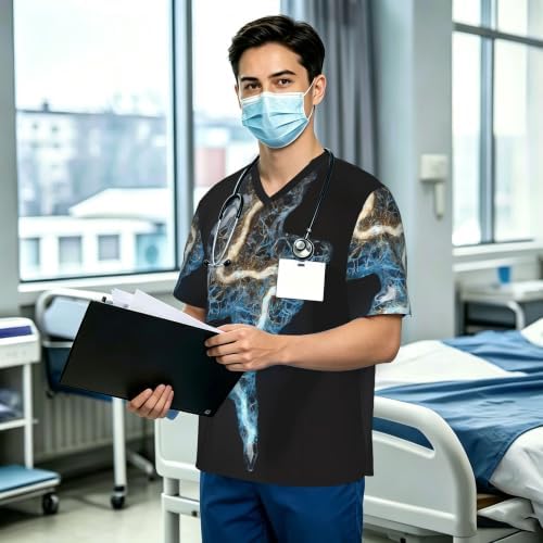 Men's Scrub Top,V-Neck Spill Wrinkle Resistant,3 Pockets-Lightning Bolt (9) - Image 3