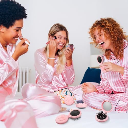 12 Pcs Pink Coquette Bow Mini Hair Brushes Folding Mirror Coquette Detangler Brush Bulk Round Compact Massage Scalp Comb for Purse Women Travel Team Gifts Trendy Stuff Party Favors - Image 6
