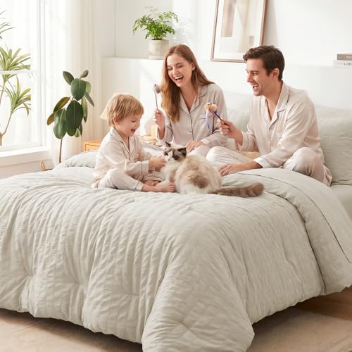 CozyLux Oversized King Comforter Set 120x98 in, 7-Piece Oatmeal Seersucker - Image 7