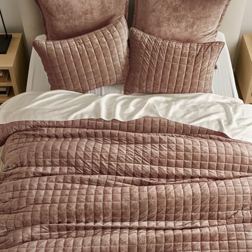 RECYCO Channel Box Stitch Velvet Quilt Set, Queen Size, Terracotta Clay - Image 2