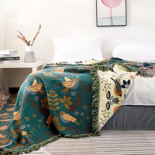 VANJOROY Boho Throw Blanket, 100% Organic Cotton Breathable Ultra Soft 91" x 108" King Bed Quilt Throw - Floral Rustic Bird Farmhouse Decor Luxury Blanket for Sofa Couch Chair and Gift,Teal/Beige - Image 5