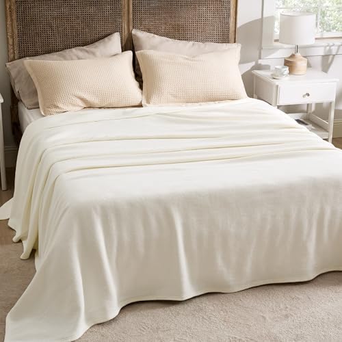 Bedsure 100% Cotton Blanket, Herringbone Weave, Oversized King, Cream - Image 5