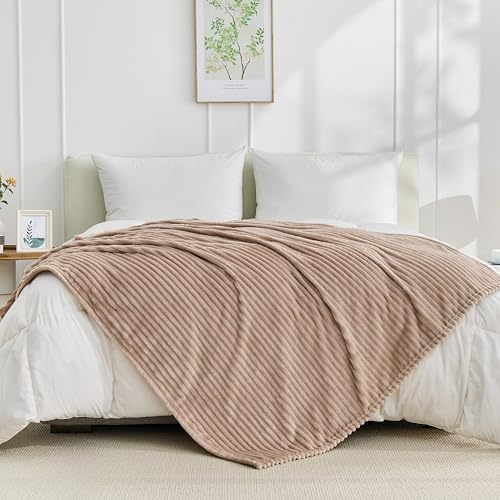 Bnuitland Fleece Throw Blanket, 300GSM Soft Warm Cozy Fluffy Throw for Babys & Pets, Stripe Pattern, All Season Sofa Bed Blanket for Home Decor, Light Camel 50"x70" - Image 4