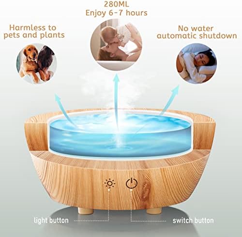 Glass Essential Oil Diffuser Wood Grain Base, 280ml Aromatherapy Diffusers Cool Mist Humidifier, LED Light in 7 Colors with Waterless Auto-Off Protection, for Office, Home, Yoga, Spa - Image 5
