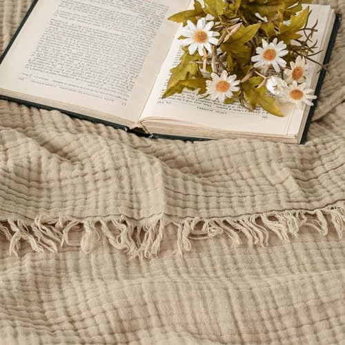 Esterra Muslin Throw Blanket 50x65 Inches Cozy Soft Lightweight Pre-Washed Cotton Blanket, All Season Breathable 4-Layer Gauze Blanket Throw for Sofa Couch Bed, Curds&Whey - Image 2