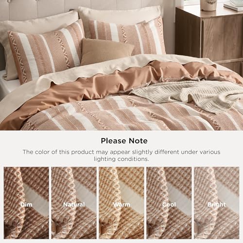 Bedsure PureWoven Boho Striped 100% Cotton Waffle Duvet Cover Set, Queen - Image 5