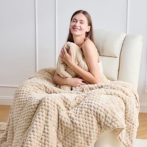 Fleece Weighted Blanket for Adults 60" x 80" 20lbs Fuzzy Blankets, Khaki by WemoreDirect