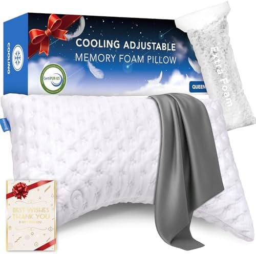 Cooling Side Sleeper Pillow for Neck and Shoulder Pain, Luxury Shredded Memory Foam Curved Bed Pillows for Sleeping Set of 1- Adjustable Queen Size- Washable Cover Crescent White&Extra Grey Pillowcase by Kucey