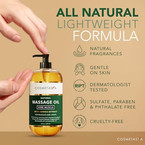 Cosmetasa Massage Oil for Sore Muscle Massage Therapy with Roller - All Natural, Cruelty-Free Massage Oils for Muscle Relaxing & Joint Comfort - Arnica Extract with Lavender & Chamomile Oil (8.8 oz) - Image 4