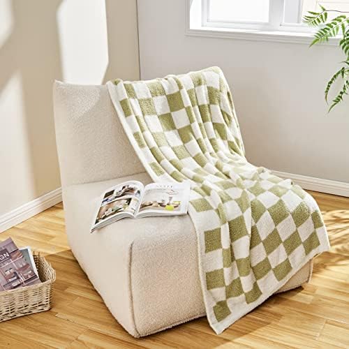 CozeCube Sage Green White Reversible Checkered Knit Throw Blanket 50"x60" - Image 4