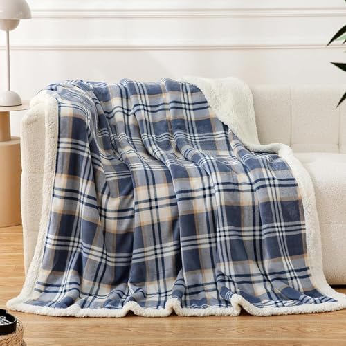 PU MEI Sherpa Blanket Twin Plaid Thick Bed Blanket, 60”*80” Super Soft Flannel Fuzzy Fleece Reversible Velvet Plush Warm Blanket for Couch (Blue White Check) by HOME
