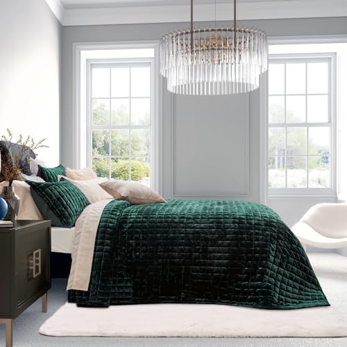 RECYCO Channel Box Stitch Velvet Quilt Set, Full Queen Size, Emerald Green - Image 3