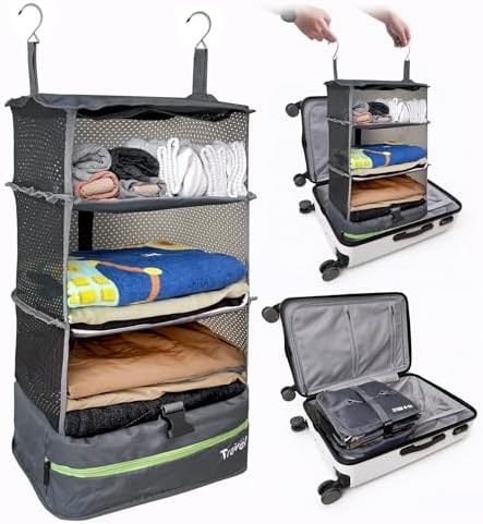 Grand Fusion Stow-N-Go Hanging Travel Shelves, Packing Organizer for Luggage. Carry on Closet for Suitcase. Expandable Packing Cube. Travel Essentials. (Dark Gray - L, L = (L) 11.8" x (W) 11.8") by GrandFusion