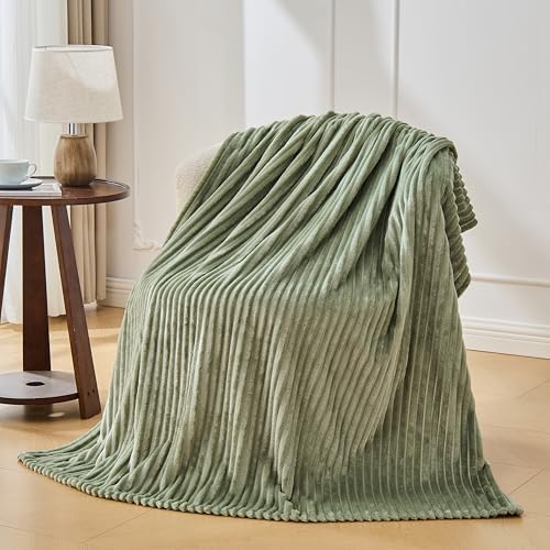 Bnuitland Sage Green Fleece Throw Blanket, 300GSM Soft Warm Cozy Fluffy Throw for Babys & Pets, Stripe Pattern 50"x40", All Season Sofa Bed Blanket for Home Decor - Image 2