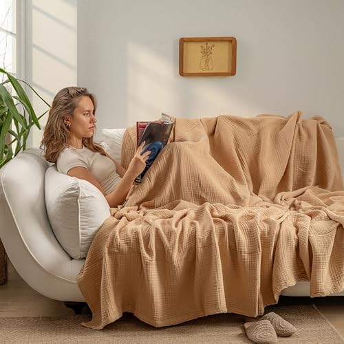 Muslin Blanket - Pure 100% Turkish Cotton Airy Soft Light Versatile Gauze Throw Blanket for Bed, Couch, Sofa (Beige, Twin XL Size (71" x 95" inch)) - Image 4