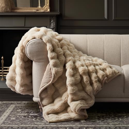 EverGrace Faux Rabbit Fur Bubble Throw Blanket, 60"x80", Cream by EVERGRACE