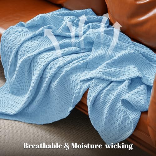 PHF Lightweight 100% Cotton Waffle Throw Blanket for Couch, Airy Blue - Image 3