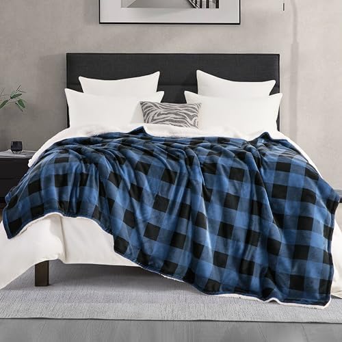 Elegant Comfort Ultra Soft Reversible Buffalo Plaid Flannel Sherpa Blanket - Cozy Silky Checkered Fleece Throw for Couch, Bed - Plush Fuzzy Warm Winter Blanket for Gift, Full, Blue - Image 2
