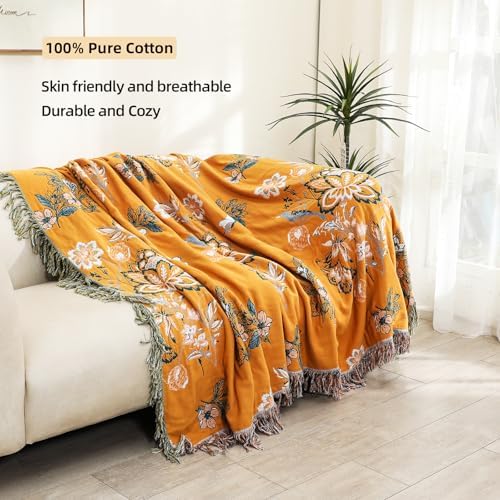 VANJOROY Boho Large Throw Blanket, 100% Organic Cotton Breathable Soft Bed Throw - Floral Bird Farmhouse Decor Blanket for Sofa Couch Chair Quilt and Gift. (Flower-Art, 80" x 90") - Image 2