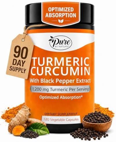 Pure By Nature 1200mg Turmeric Curcumin with Black Pepper Extract for Absorption, Antioxidant Property for Joint & Inflammation Support, 180 Capsules by PurebyNature