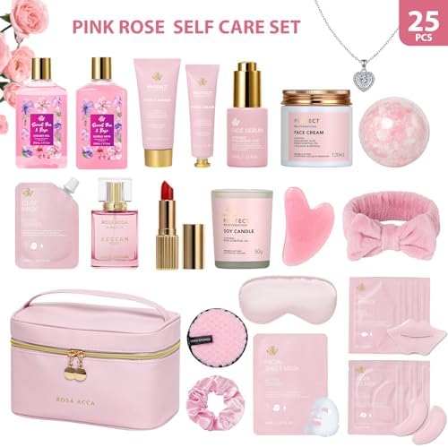 Gifts for Women, Gifts Basket for Women, 25 Pcs Rose Bath & Body Gift Basket Set, Hydrating Skin Care Gift Set, Self Care Gifts, Cosmetic Bag, Necklace, Christmas, Birthday, Anniversary, Mom, Wife - Image 2