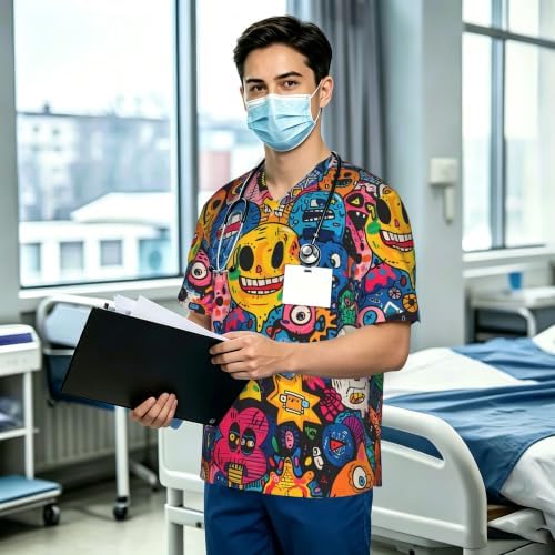 Men's Scrub Top,V-Neck Spill Wrinkle Resistant,3 Pockets-Dense Doodle (4) - Image 3