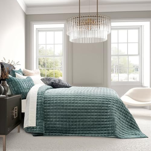RECYCO Channel Box Stitch Velvet Quilt Set, Full Queen Size, Aqua Green - Image 3
