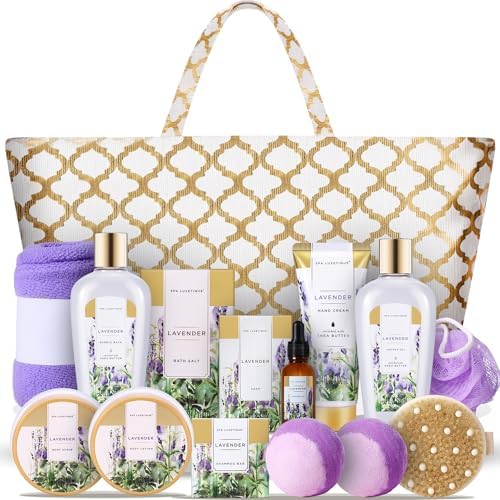 Spa Luxetique Gifts for Women 15Pcs Lavender Gift Baskets for Women Bath and Body Gift Set with Tote Bag Birthday Gift for Wife Girlfriend Sister Mothers Day by spaluxetique