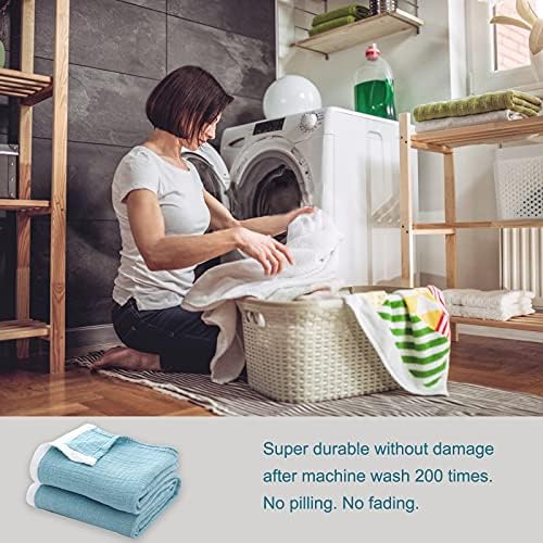 SE SOFTEXLY Muslin Throw Blanket, 4-Layer Dyed Yarn, 80”x90”, Light Blue - Image 6