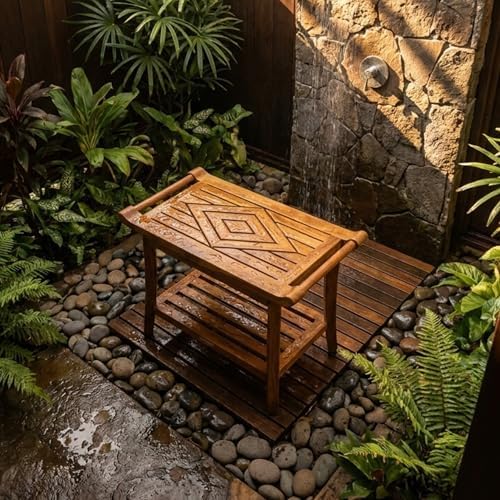 Teak Shower Bench Stool Seat, w/Leveling Feet, Waterproof, Teak Oil Finish - Image 6