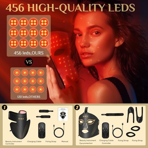 Red Light Therapy Mask Set, Five-Level Brightness Adjustment for Face and Neck, 630nm Infrared Light + 850nm Near-Infrared LED Therapy Phototherapy, Portable Mask with Power Storage, Black - Image 5