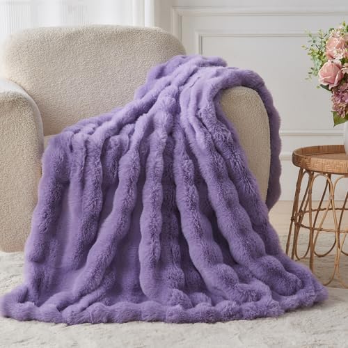 Lotus Karen Faux Fur Throw Blanket Purple - Big Bubble Rabbit Fluff Blanket for Couch Bed Sofa,Softest Fluffy Fuzzy Cozy Blanket,Thick Furry Plush Shaggy Warm Blankets for Women,50x60 Inches by LotusKaren