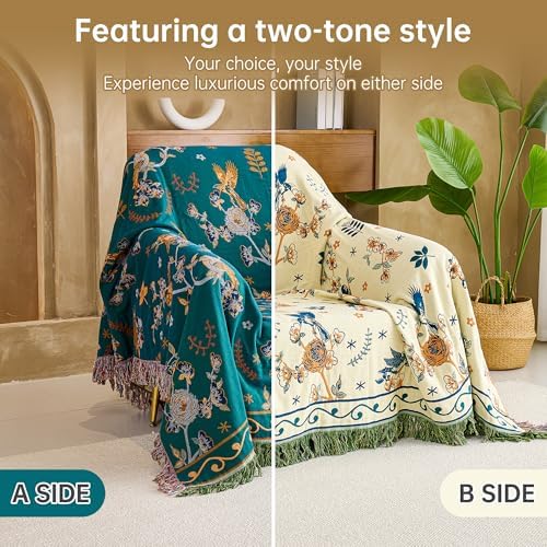 VANJOROY Boho 100% Cotton Large Throw Blanket - All Season Rustic Ultra Soft Breathable Floral Bird Blanket for Bed Sofa Couch Chair Bedspread Quilt Gift, 80" x 90"-Teal/Beige - Image 5