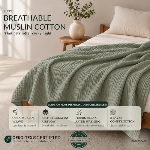 CLOUDSCAPE 8 Layer 100% Muslin Blanket for Adults Twin 68"x92" - Sage Green - Image 2