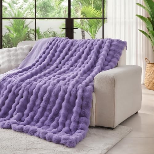 Lotus Karen Faux Fur Throw Blanket Purple - Big Bubble Rabbit Fluff King Blankets for The Bed,Softest Fluffy Fuzzy Cozy Blanket,Thick Furry Plush Shaggy Warm Blankets for Women,108x90 Inches - Image 2