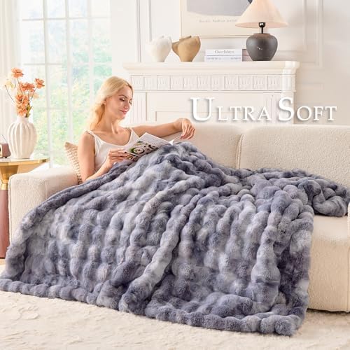 BENVWE Fluffy Faux Fur Throw Blanket for Couch - Soft, Plush, Thick, Cozy, Fuzzy Luxury Bubble Blanket for Home Living Room Decor, Gifts for Women, Tie-dye Light Grey, 51" x 63", 1100GSM - Image 3