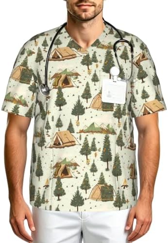 Men's Scrub Top,V-Neck Spill Wrinkle Resistant,3 Pockets-Camping (9) by Unknown