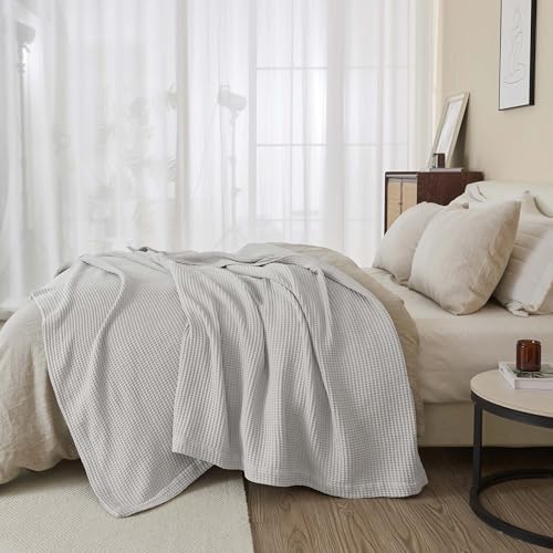 100% Cotton Light Grey Blanket Twin Size for Bed - Breathable and Soft, Waffle Weave for Summer Spring, 90x66 Inches - Image 5