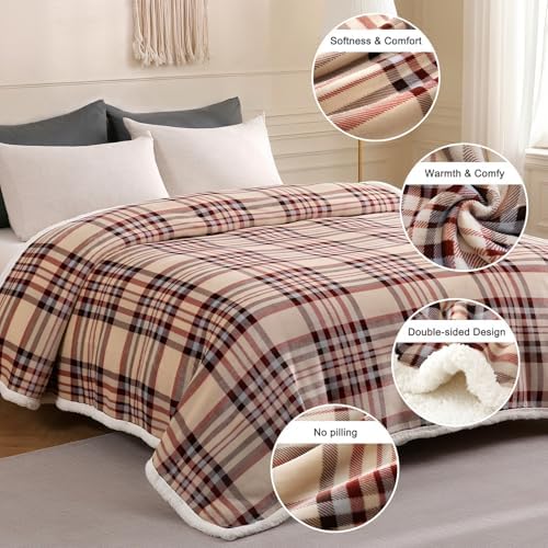 Gracelife Sherpa Blanket Throw Blanket for Couch Sherpa Fleece Blanket Fluffy Checkered Soft Blanket for All Season Use Cozy Thick Warm Big Throws (Beige-Plaid, 60"*80") - Image 7
