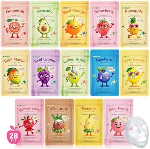 KONEUK 28 Pack Fruit Face Masks Skincare for Kids Girls, Sheet Face Mask by KONEUK