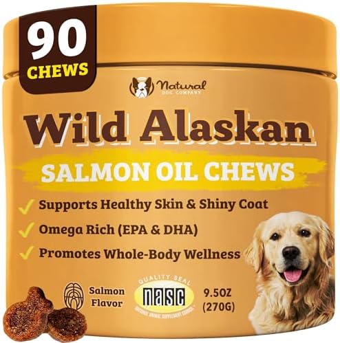 Natural Dog Company Wild Alaskan Salmon Chews for Dogs – Fish Oil Supplement with EPA & DHA for Itchy Skin, Coat, Brain, Joints & Immune Health, Daily Omega-3 Chews, 90 Count by NaturalDogCompany