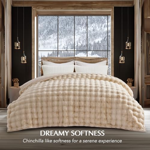 EverGrace Faux Rabbit Fur Bubble Throw Blanket, 90"x90", Cream - Image 6