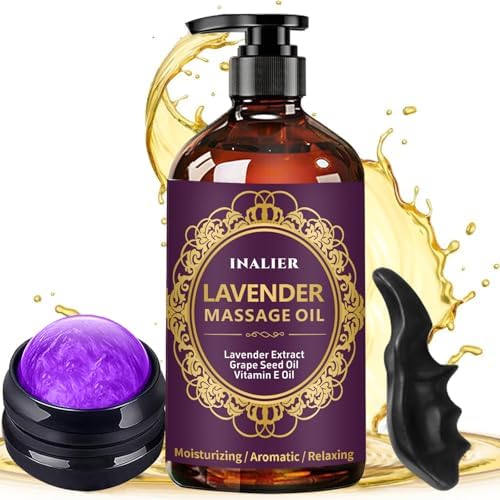 Massage Oil for Massage Therapy,﻿Lavender Oil with Massage Roller Ball & Thumb Saver,SPA Relaxing Oi for Soothing,Massage Kit Spa Gifts for Him Her,Gifts for Men Women by INALIER